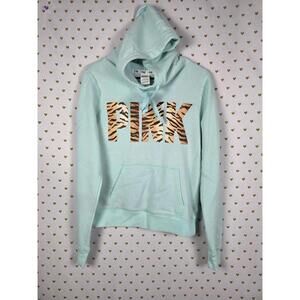 Victorias Secret Pink Animal Print TIger Logo Pullover Hoodie Sweater Blue MED